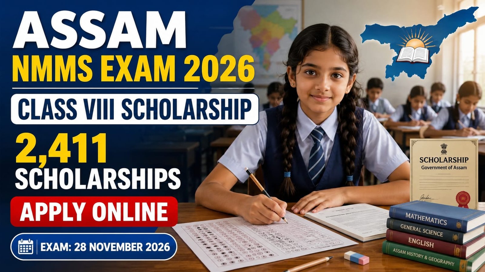 Assam NMMS Exam 2026 apply online for 2411 scholarships