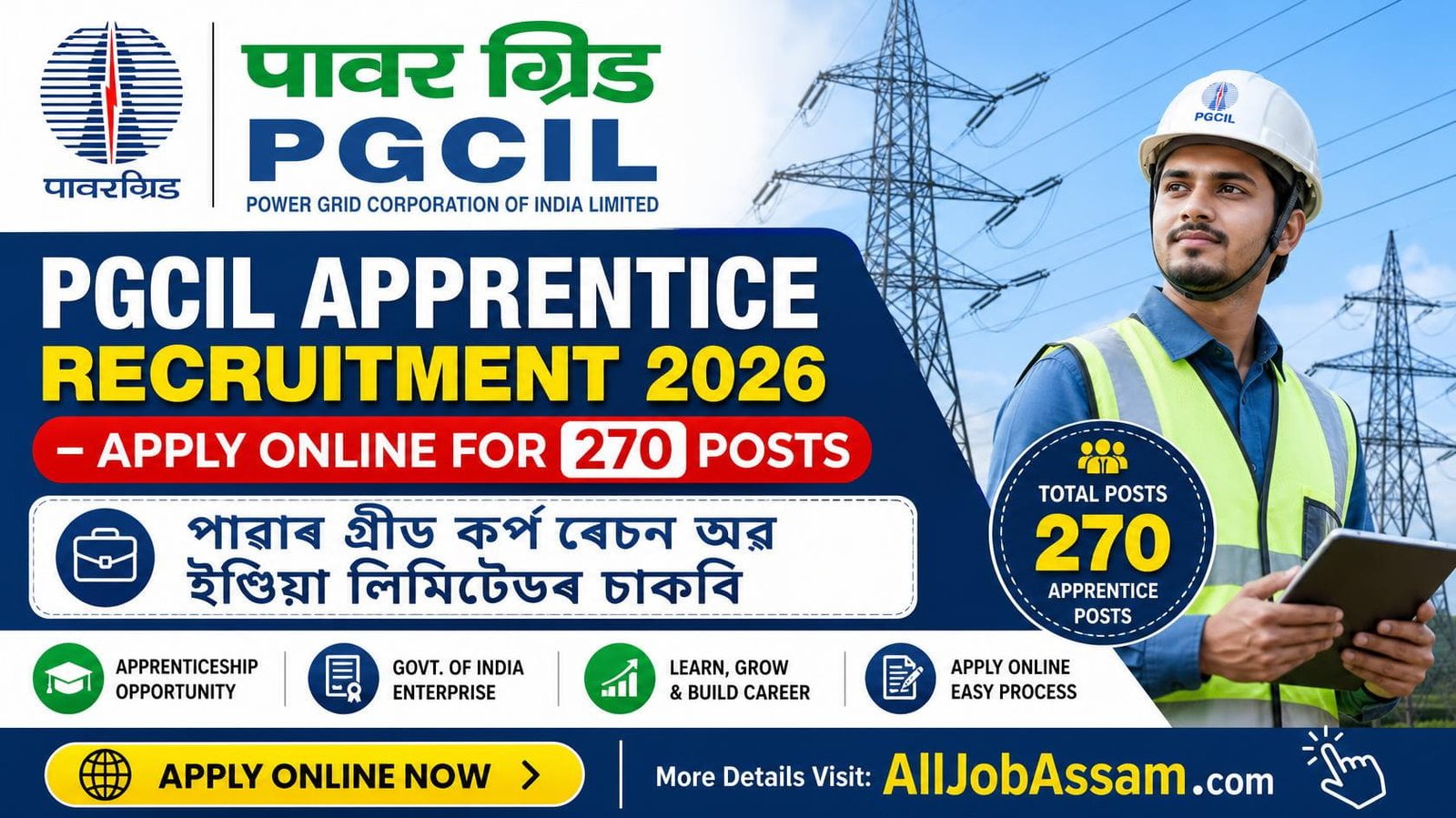 PGCIL Apprentice Recruitment 2026 – 270 Apprentice vacancies including 12 Assam posts