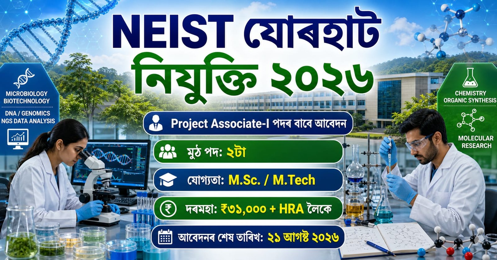 NEIST Jorhat Recruitment 2026 for two Project Associate-I research posts