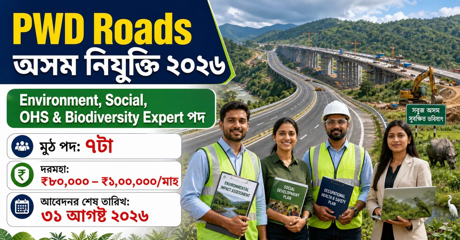PWD Roads Assam Recruitment 2026 for Environment Social OHS Expert and Biodiversity Specialist posts