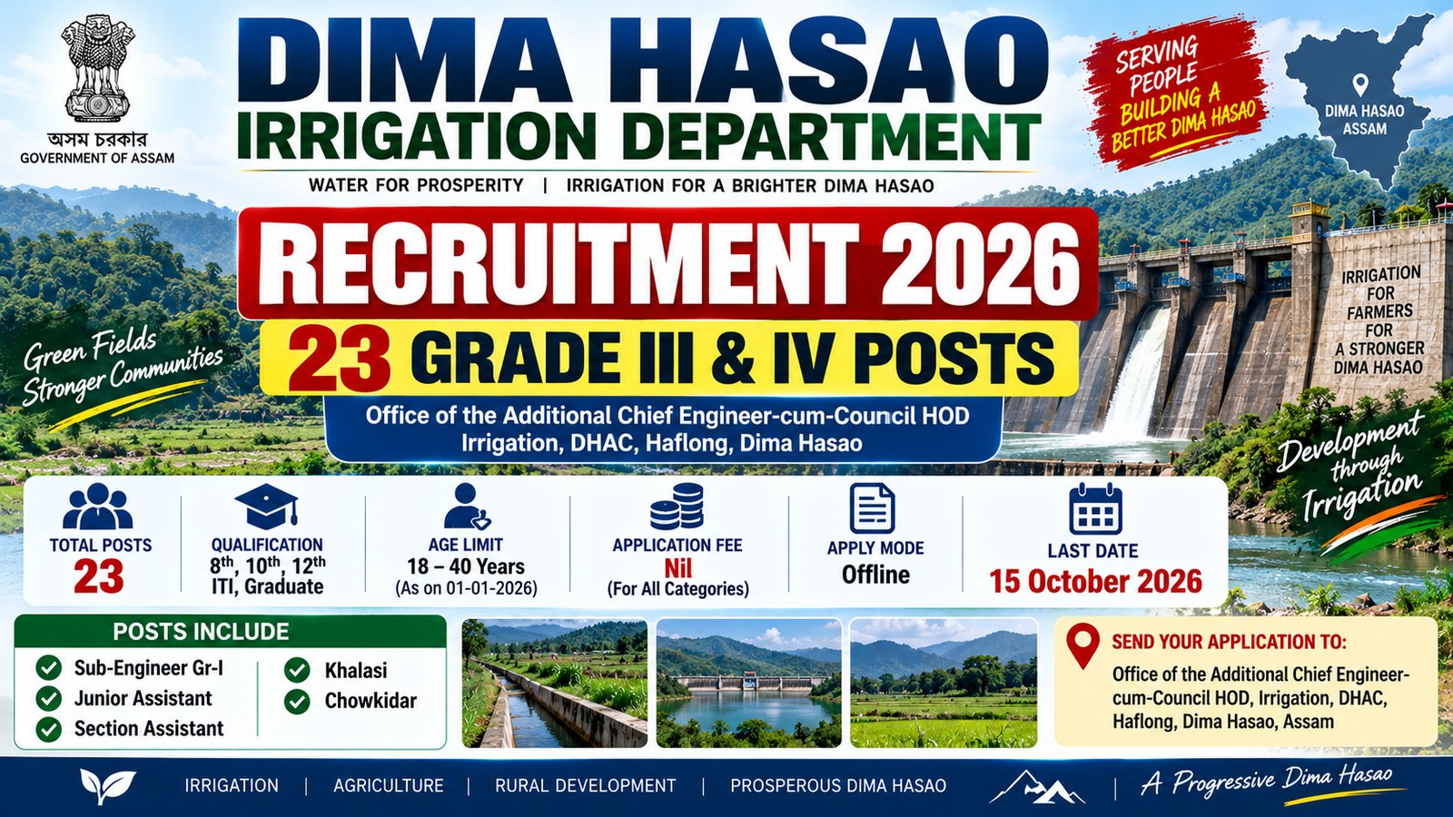 Dima Hasao Irrigation Department Recruitment 2026 for 23 Grade III and Grade IV posts