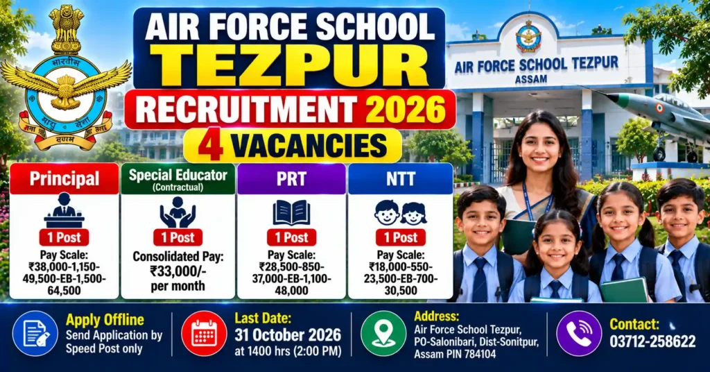 Air Force School Tezpur Recruitment 2026 for Principal, Special Educator, PRT and NTT Posts
