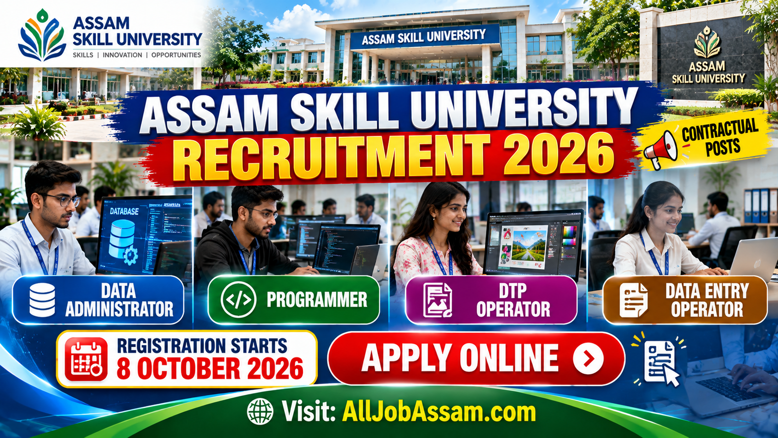 Assam Skill University Recruitment 2026 – Data Administrator Programmer DTP Operator Data Entry Operator