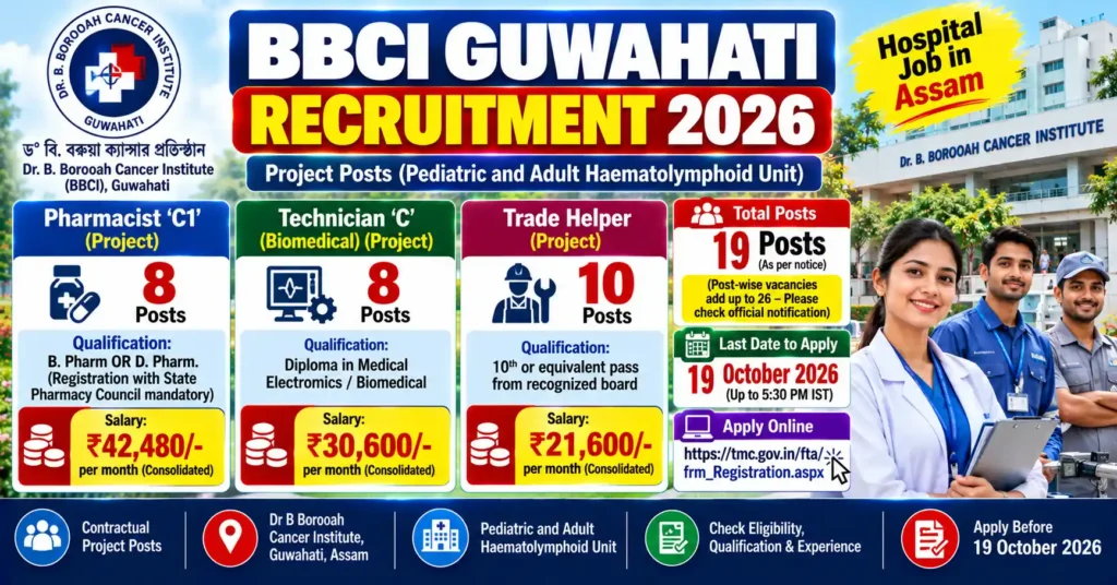BBCI Guwahati Recruitment 2026 – Apply Online for 19 Pharmacist, Technician & Trade Helper Posts