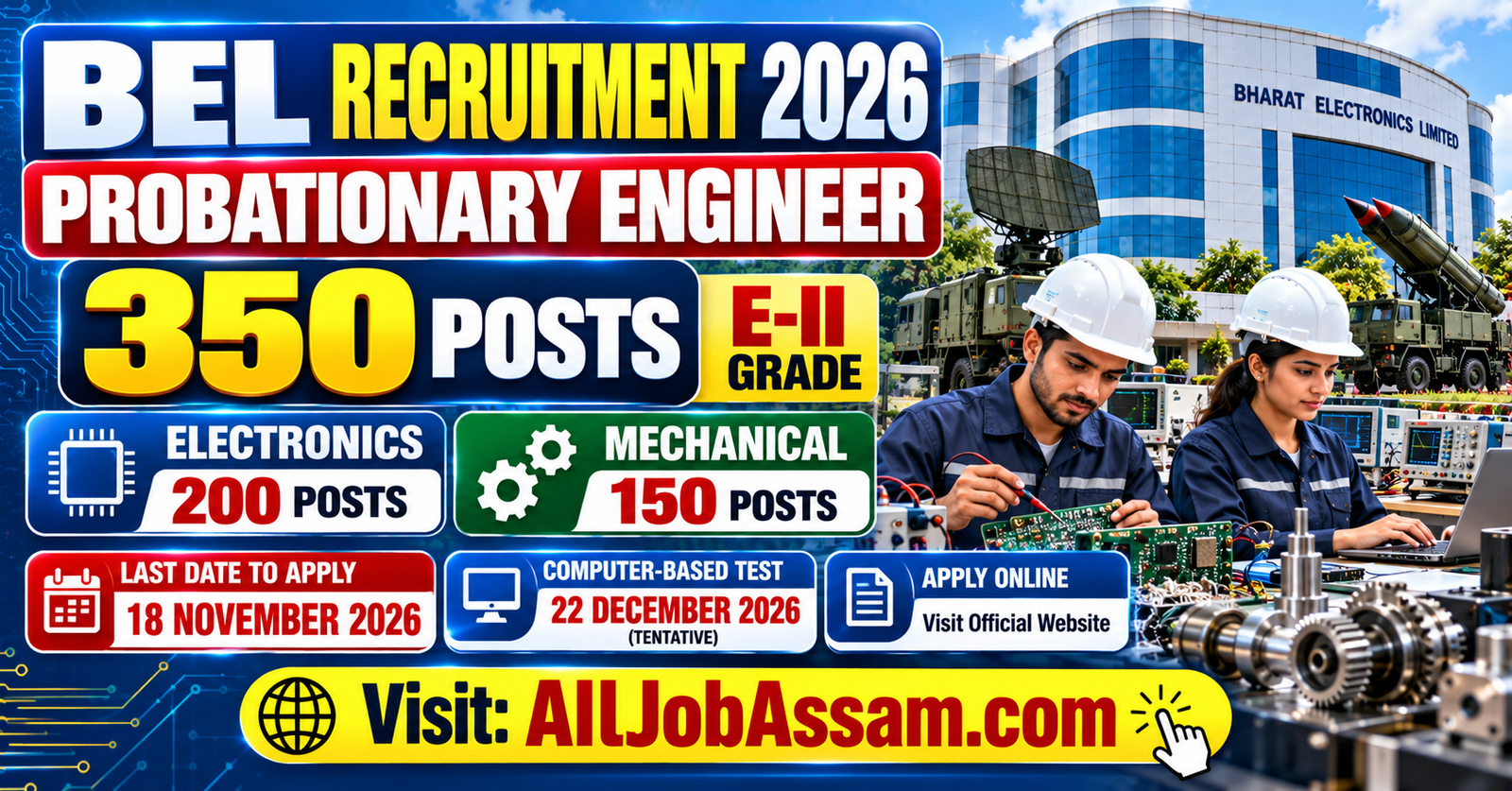 BEL Probationary Engineer Recruitment 2026 for 350 Electronics and Mechanical engineering posts