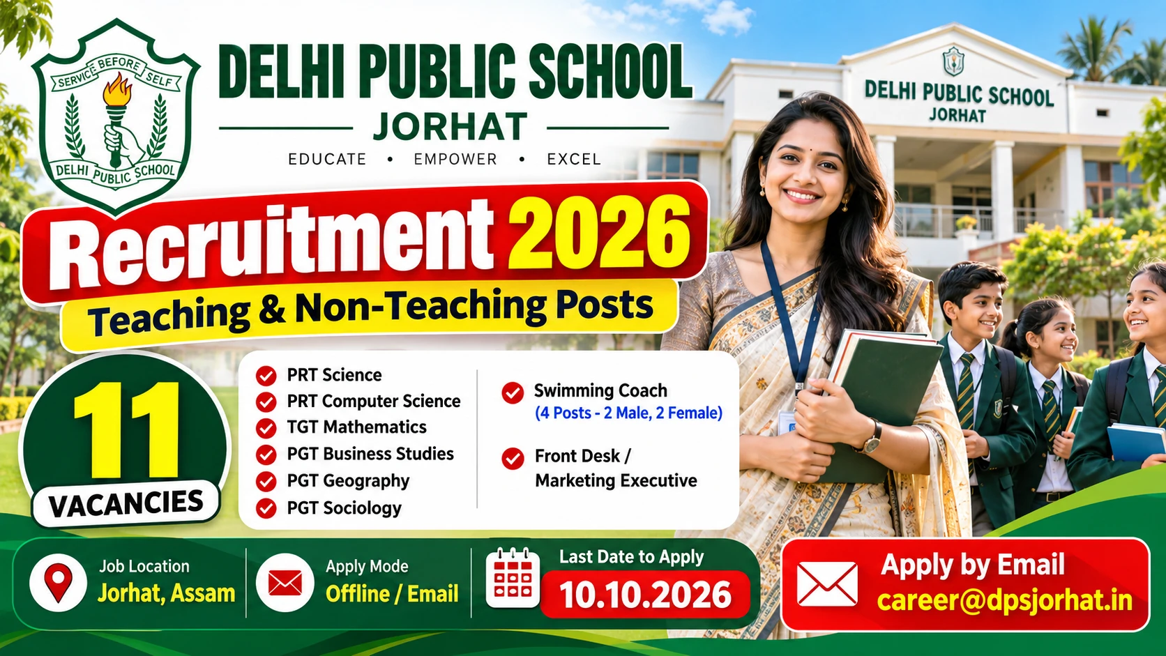 DPS Jorhat Recruitment 2026 – 11 Teaching and Non-Teaching Posts