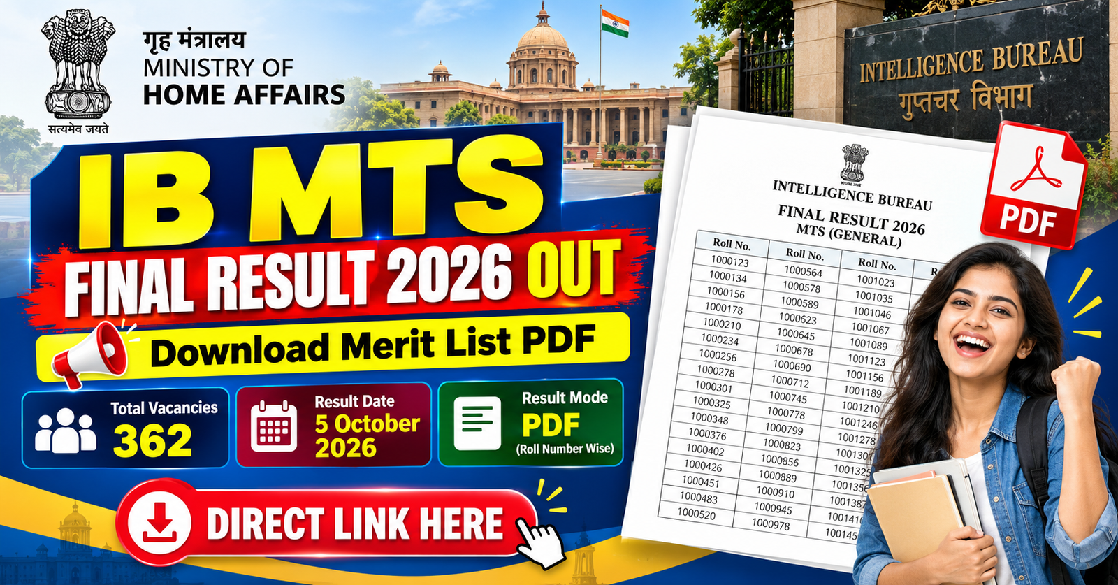 IB MTS Final Result 2026 PDF download link on mha.gov.in