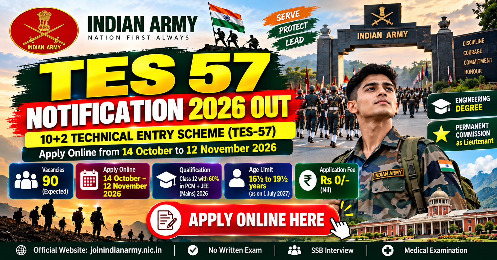 Indian Army TES 57 Notification 2026 online application for July 2027 course at joinindianarmy.nic.in