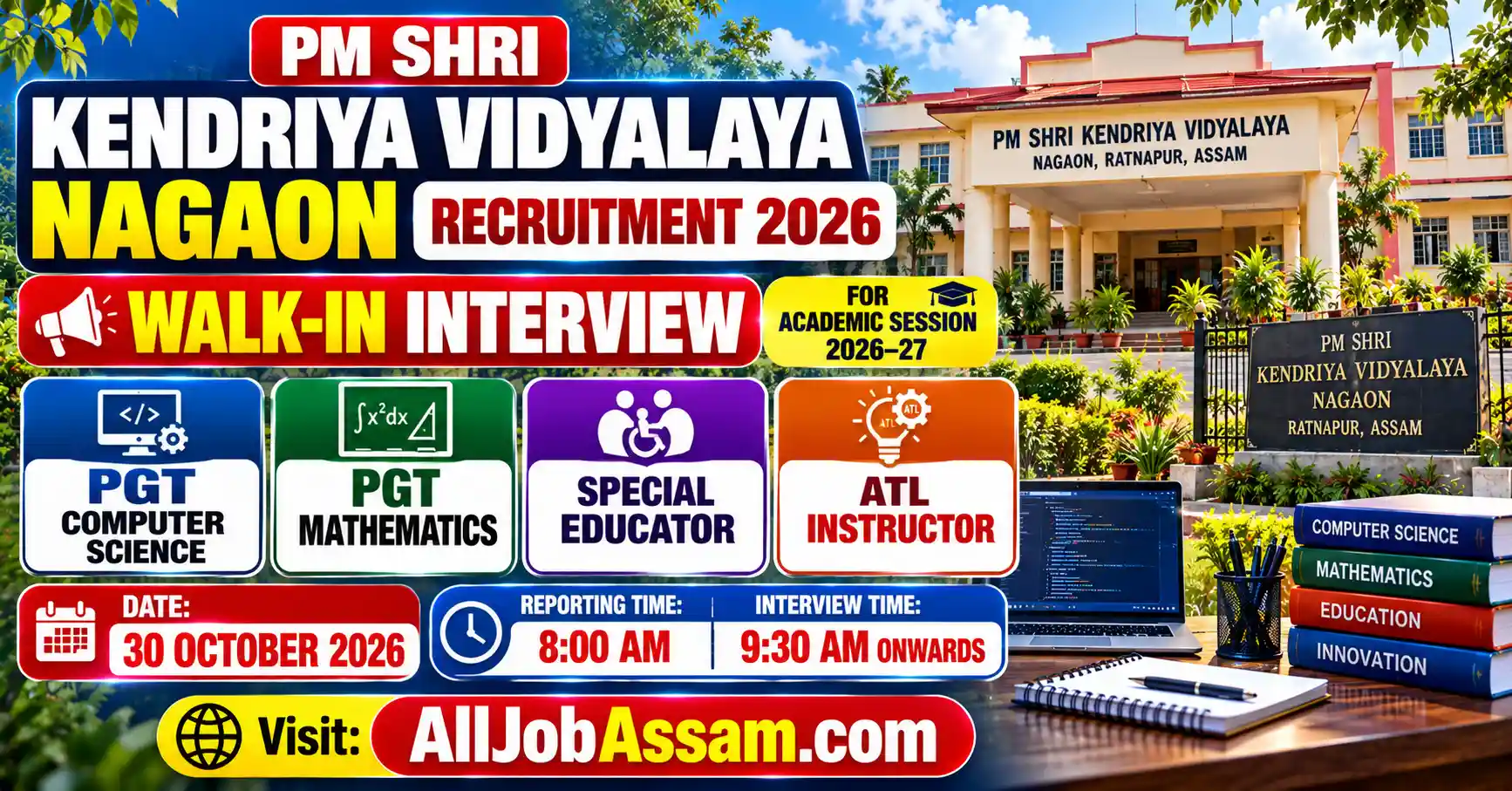 PM SHRI Kendriya Vidyalaya Nagaon Recruitment 2026 walk-in interview for PGT, Special Educator and ATL Instructor posts