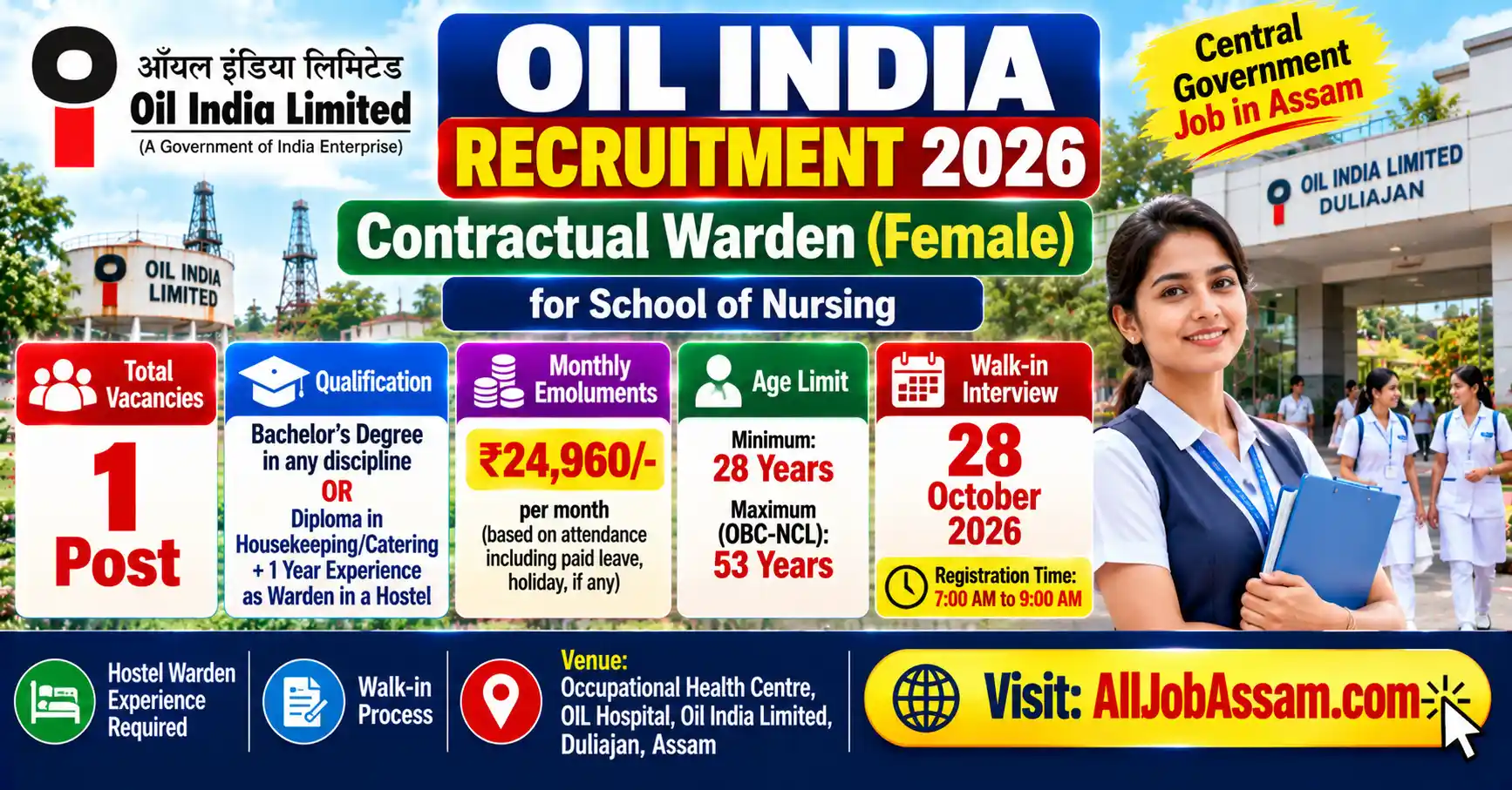 Oil India Recruitment 2026 for one Contractual Warden Female vacancy in Duliajan Assam