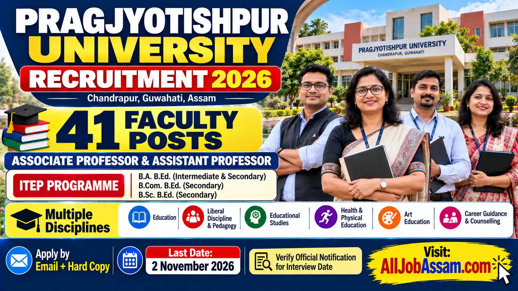 Pragjyotishpur University Recruitment 2026 for 41 faculty posts in the ITEP programme.
