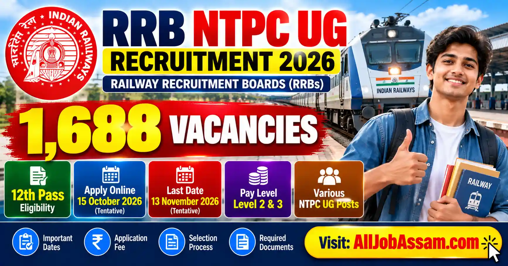 RRB NTPC UG Recruitment 2026 for 1,688 tentative undergraduate railway vacancies