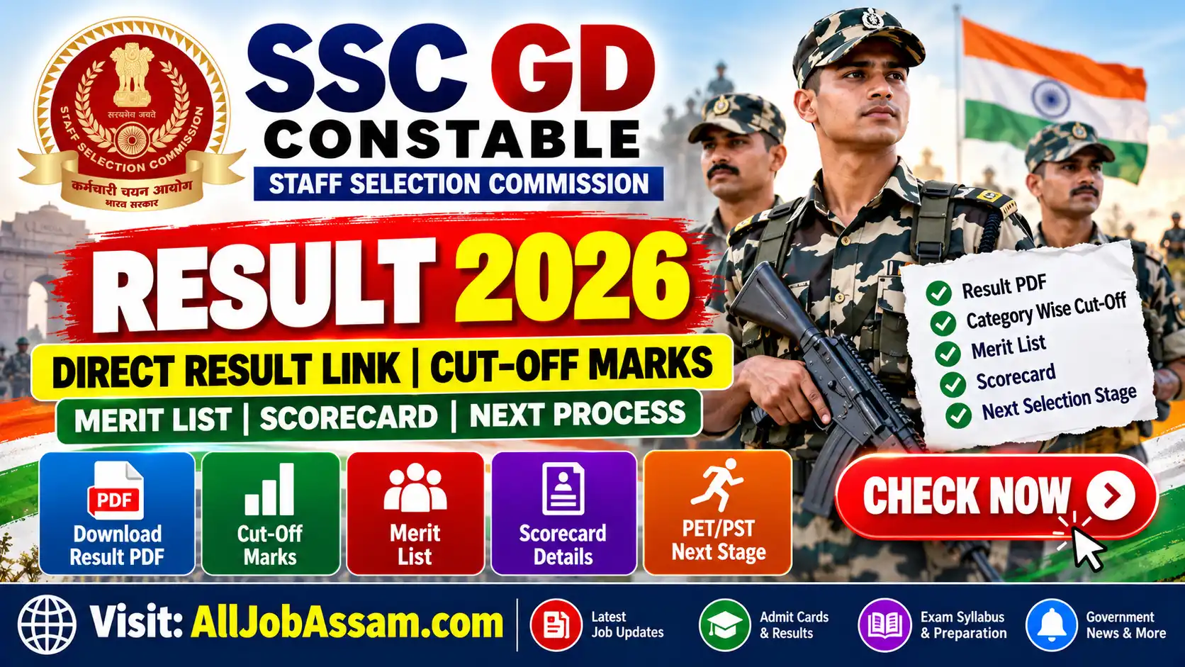SSC GD Result 2026 with official result link, cut-off marks and merit list information