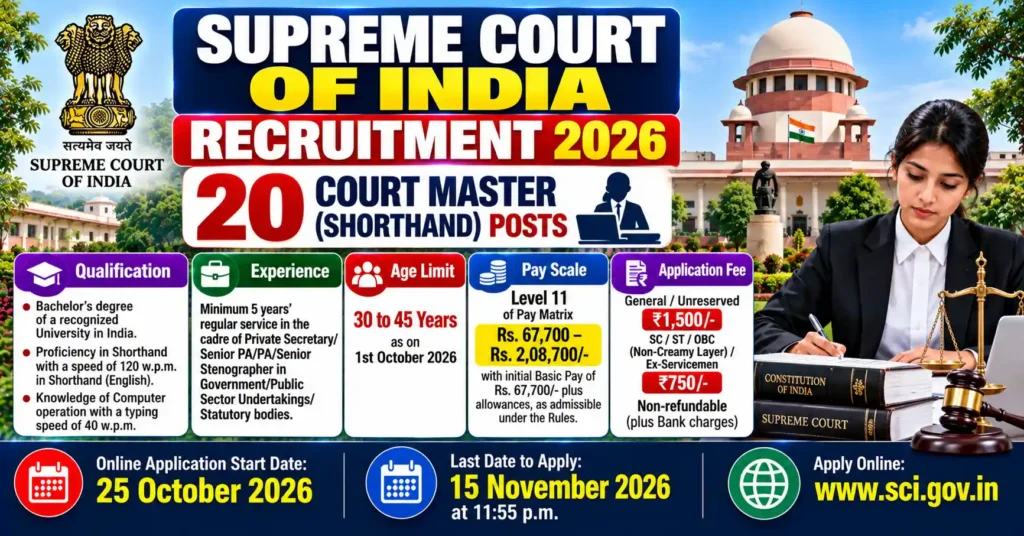 Supreme Court of India Recruitment 2026 – Apply Online for 20 Court Master (Shorthand) Posts