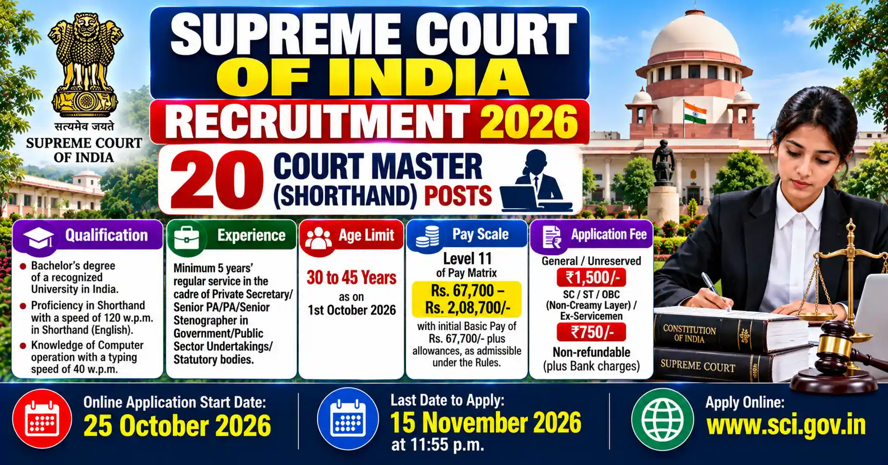 Supreme Court of India Recruitment 2026 for 20 Court Master Shorthand Posts