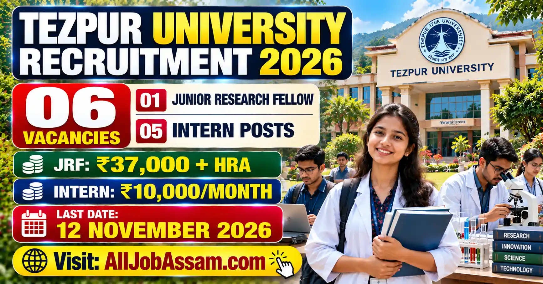 Tezpur University Recruitment 2026 for 01 Junior Research Fellow and 05 Intern Posts